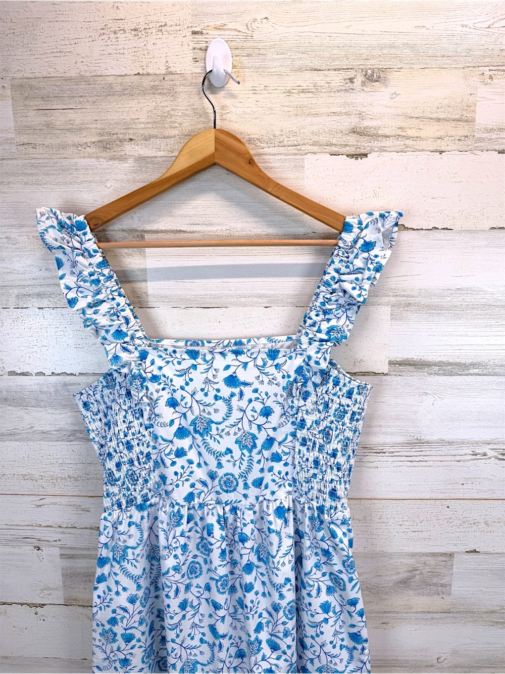 Draper James Blue White Floral Smocked Cotton Midi Dress Coastal Chic Large - Picture 7 of 12